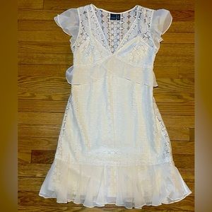 MUSE Ivory Peek A Boo Lace V- neckline Ruffle Short Party Mini Dress